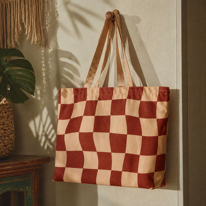 Terra tote bag hanging on wooden wall hooks
