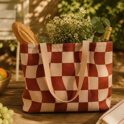 Terra tote bag on a garden table with a baguette and wildflowers