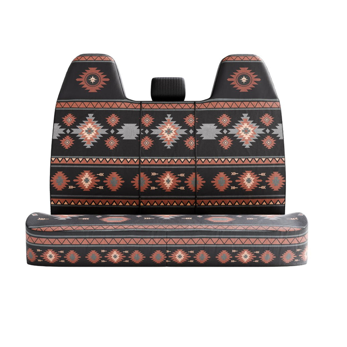 Zara back seat cover (2.5 seats), front view — black and rust aztec print