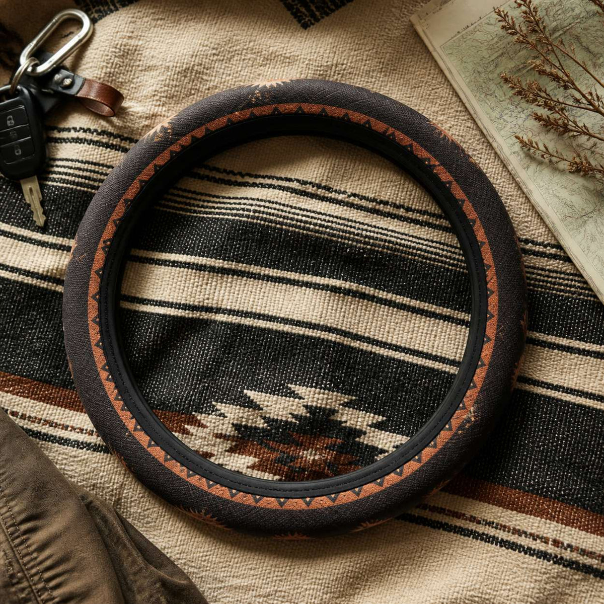 Zara steering wheel cover by Solara on a woven blanket next to car keys, black and orange Aztec print